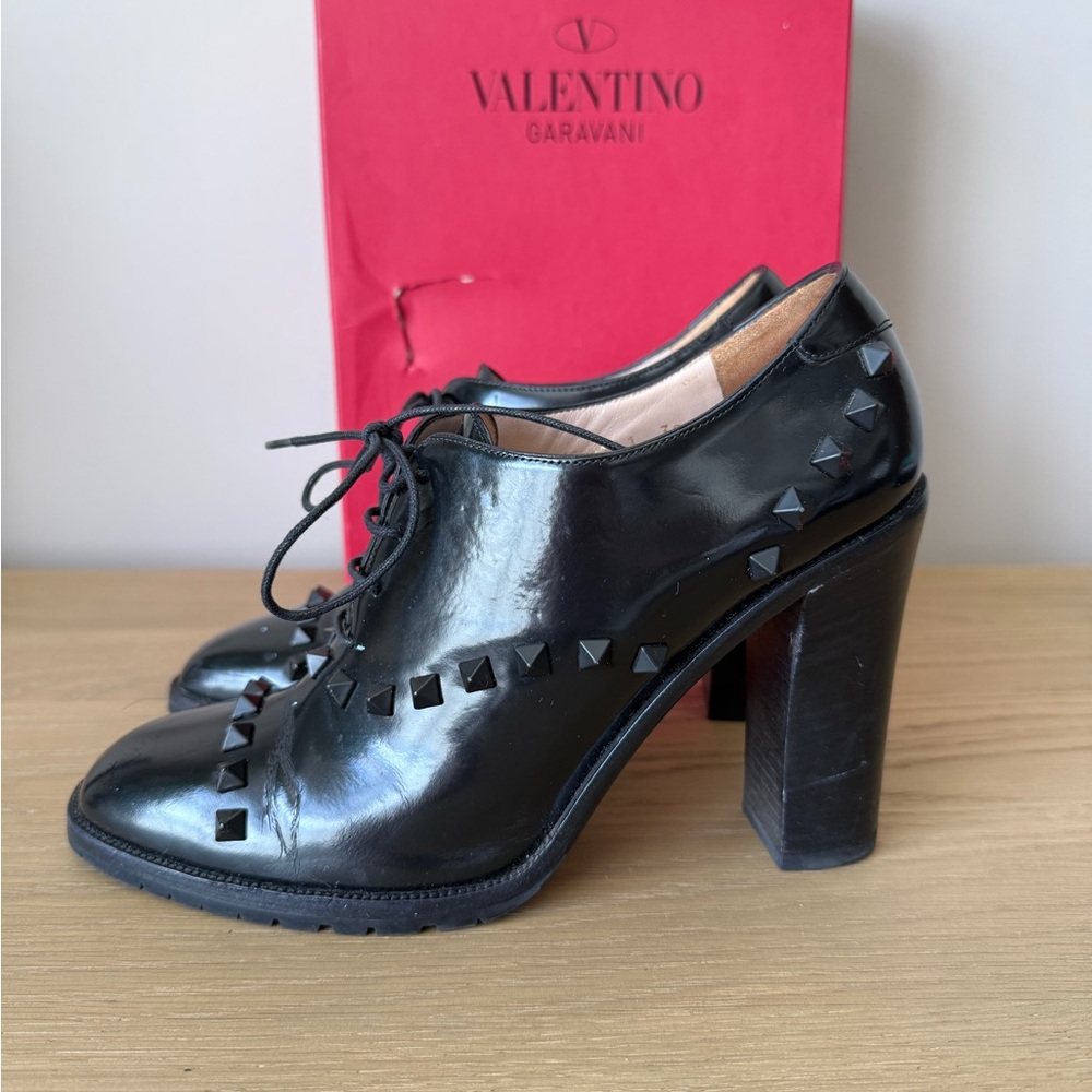 Valentino Black Patent Leather Studded Lace-Up Heels